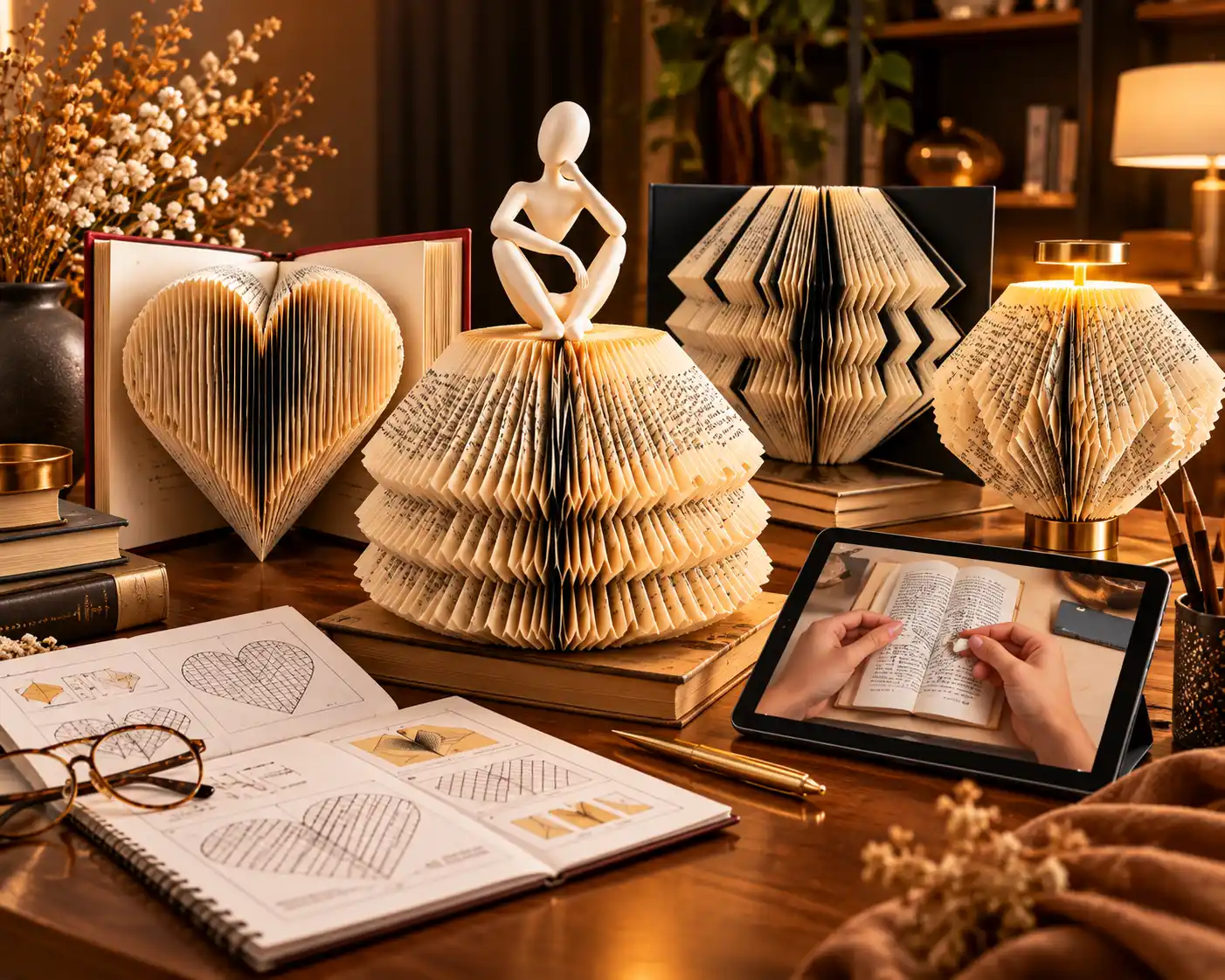 Mockup das esculturas em livros, moldes e videoaulas